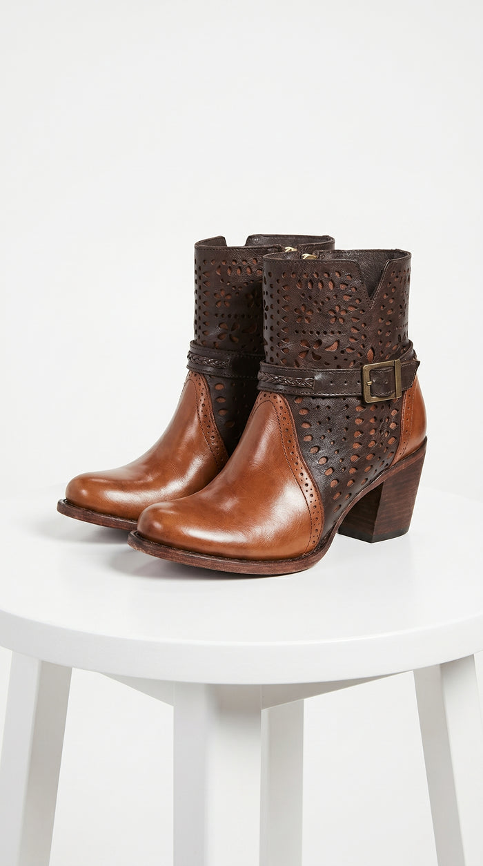 Women’s Brown Leather Short Boots with Oval Toe, Buckle Strap Fashion Ankle Boots