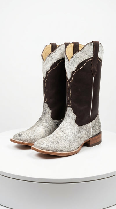 Women’s White and Brown Cowhide Leather Rodeo Boots, Western Pull On Cowboy Boots