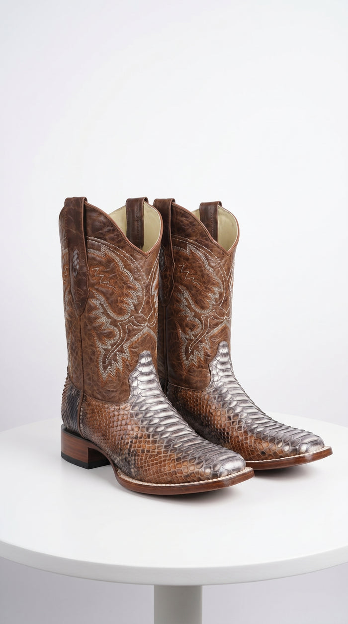 Men’s Brown Original Python Ranchero Cowboy Boots with Pointed Toe, Exotic Western Dress Boots