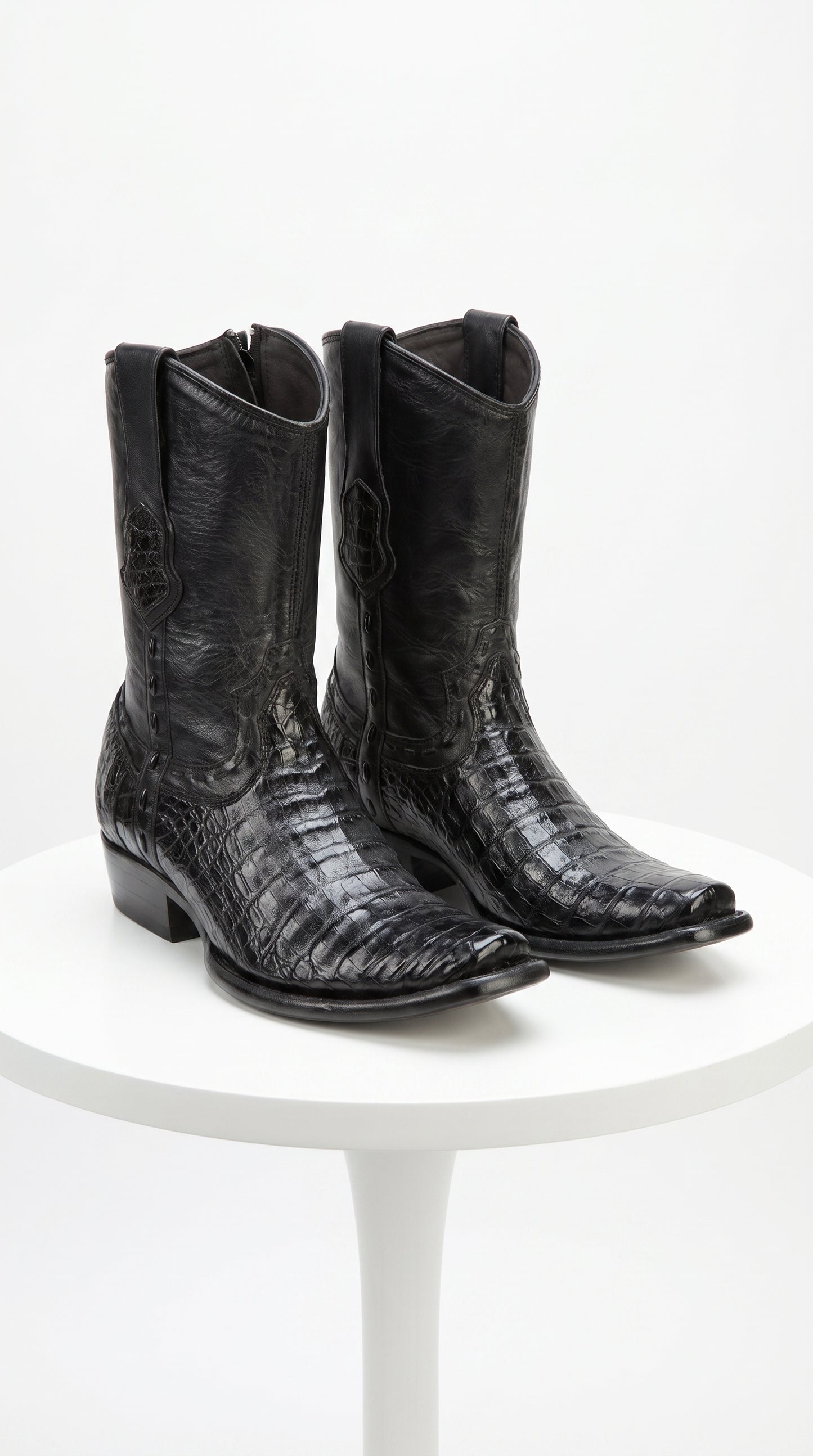 Men’s Black Caiman Skin Cowboy Boots with Western Shaft, Exotic Dress Boots