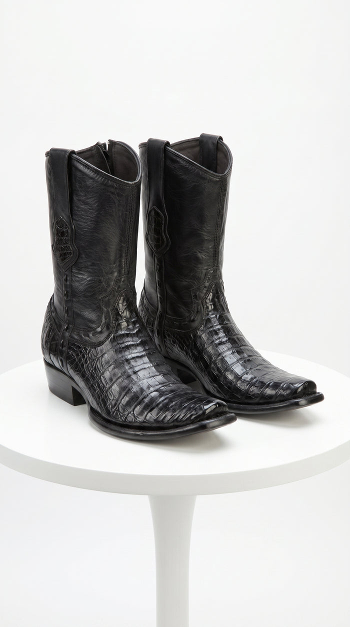 Men’s Black Caiman Skin Cowboy Boots with Western Shaft, Exotic Dress Boots