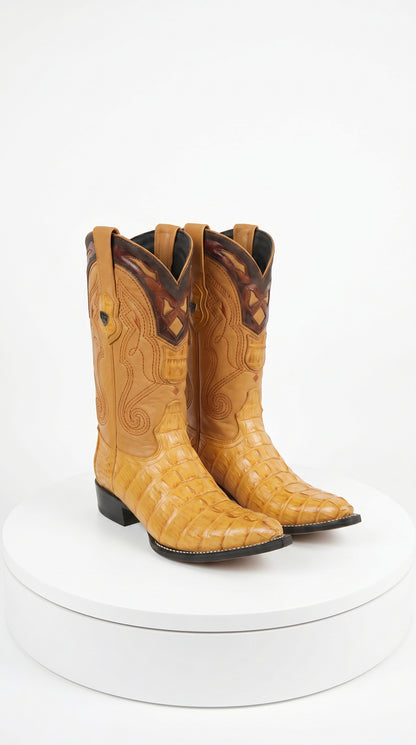 Men’s Yellow Gold Caiman Tail Skin 3X Toe Cowboy Boots – Wild West Western Boots 29501-A