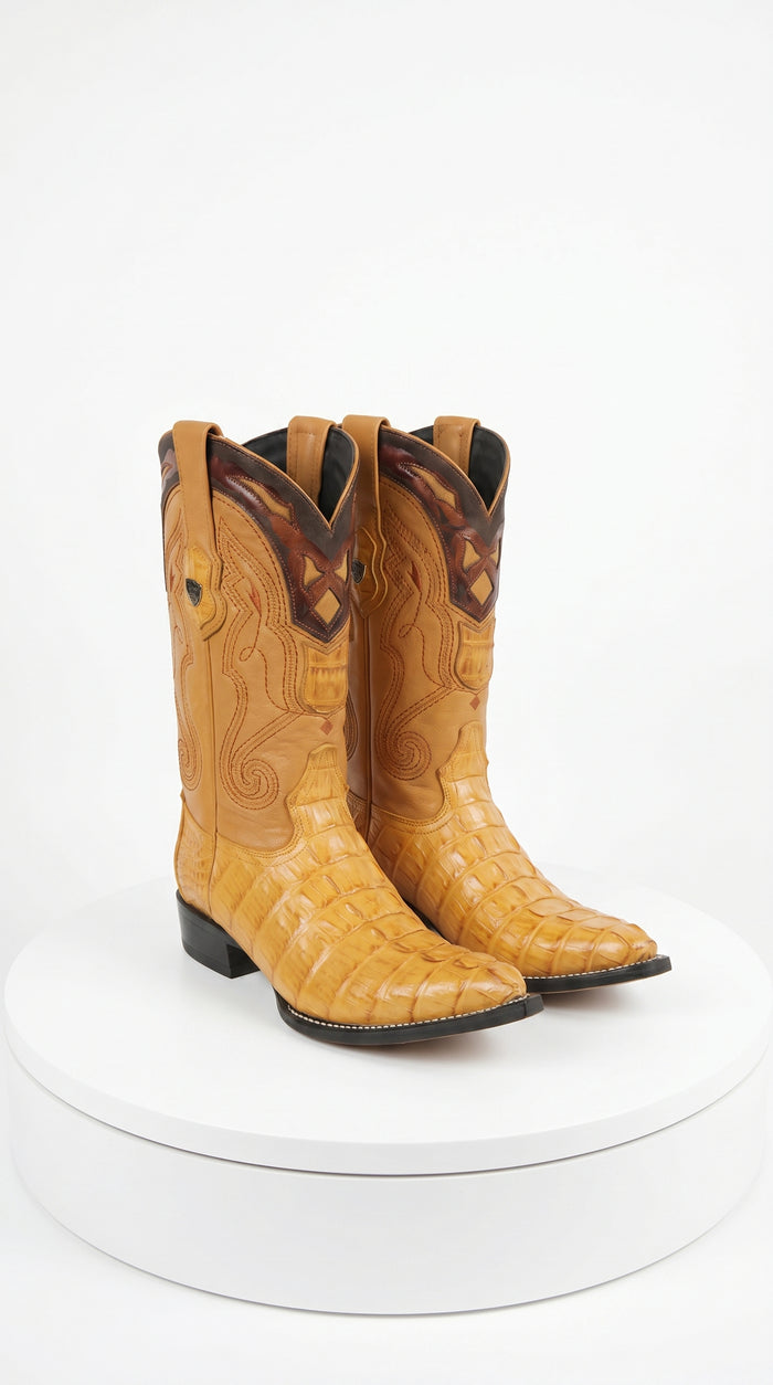 Men’s Yellow Gold Caiman Tail Skin 3X Toe Cowboy Boots – Wild West Western Boots 29501-A