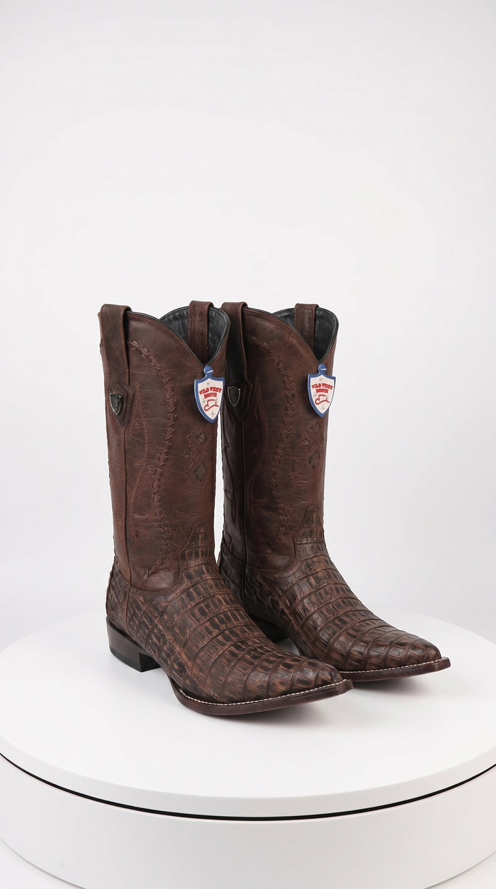 Men’s Wild West Brown Caiman Belly Skin 3X Toe Cowboy Boots, Exotic Western Dress Boots 29582-B