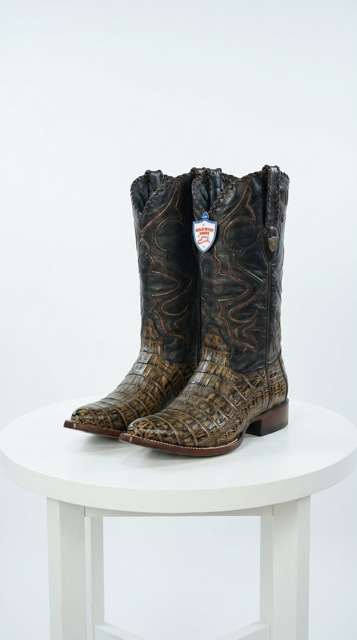 Men’s Wild West Brown Caiman Belly Skin 3X Toe Cowboy Boots, Exotic Western Dress Boots 29582-B
