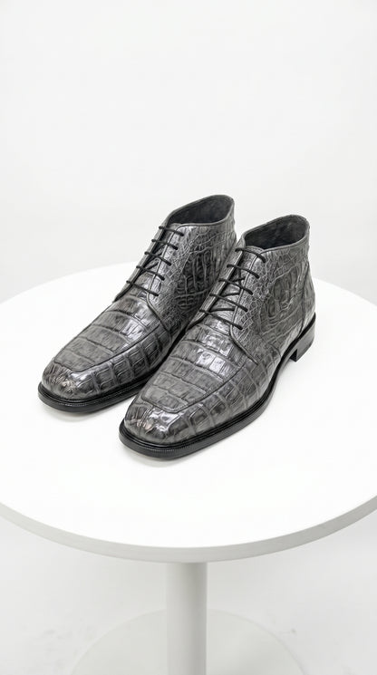 Men’s Los Altos Gray All Over Crocodile Lace Up Dress Ankle Boots, Exotic Formal Boots