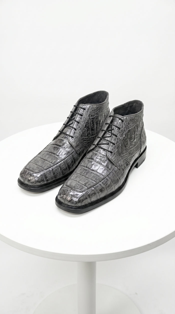Men’s Los Altos Gray All Over Crocodile Lace Up Dress Ankle Boots, Exotic Formal Boots