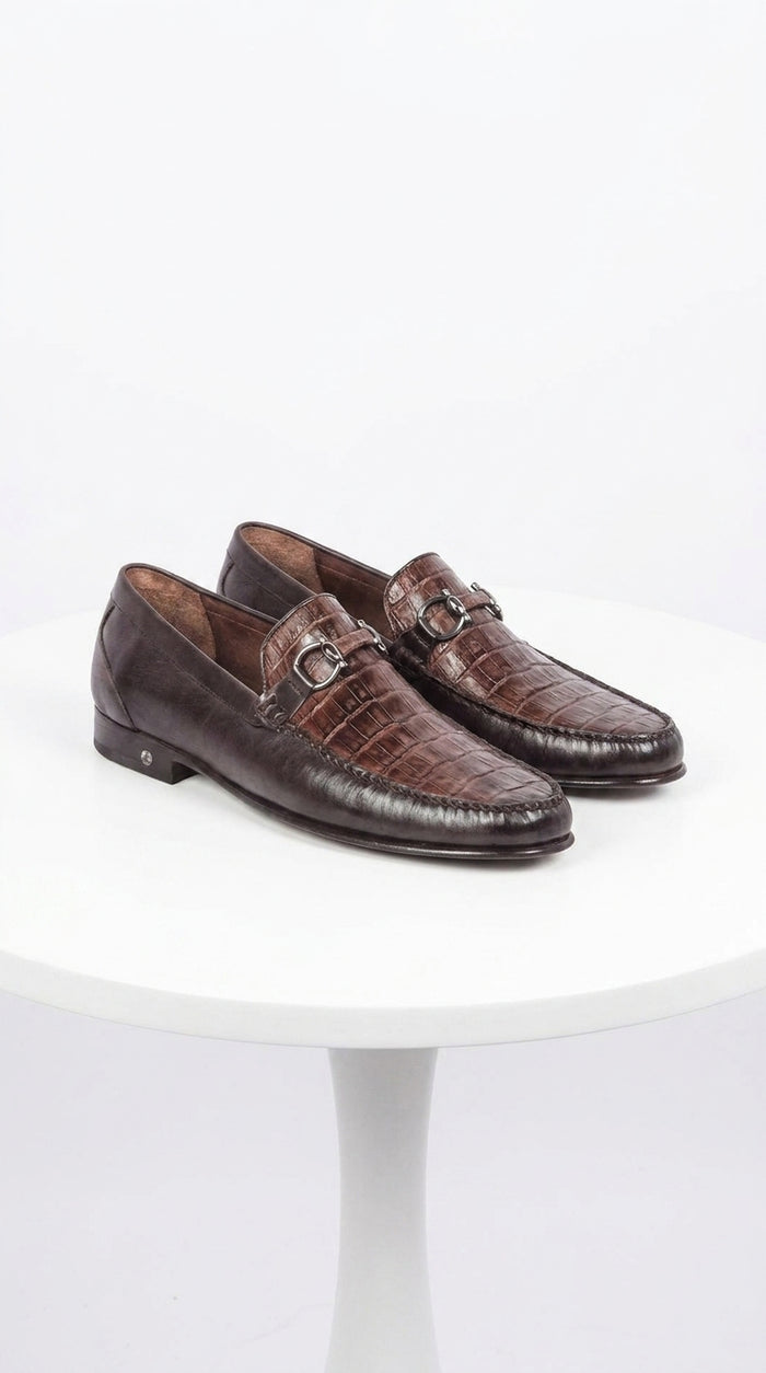 Lombardy Men’s Crocodile Calfskin Bit Loafers, Exotic Dress Casual Slip-On Shoes