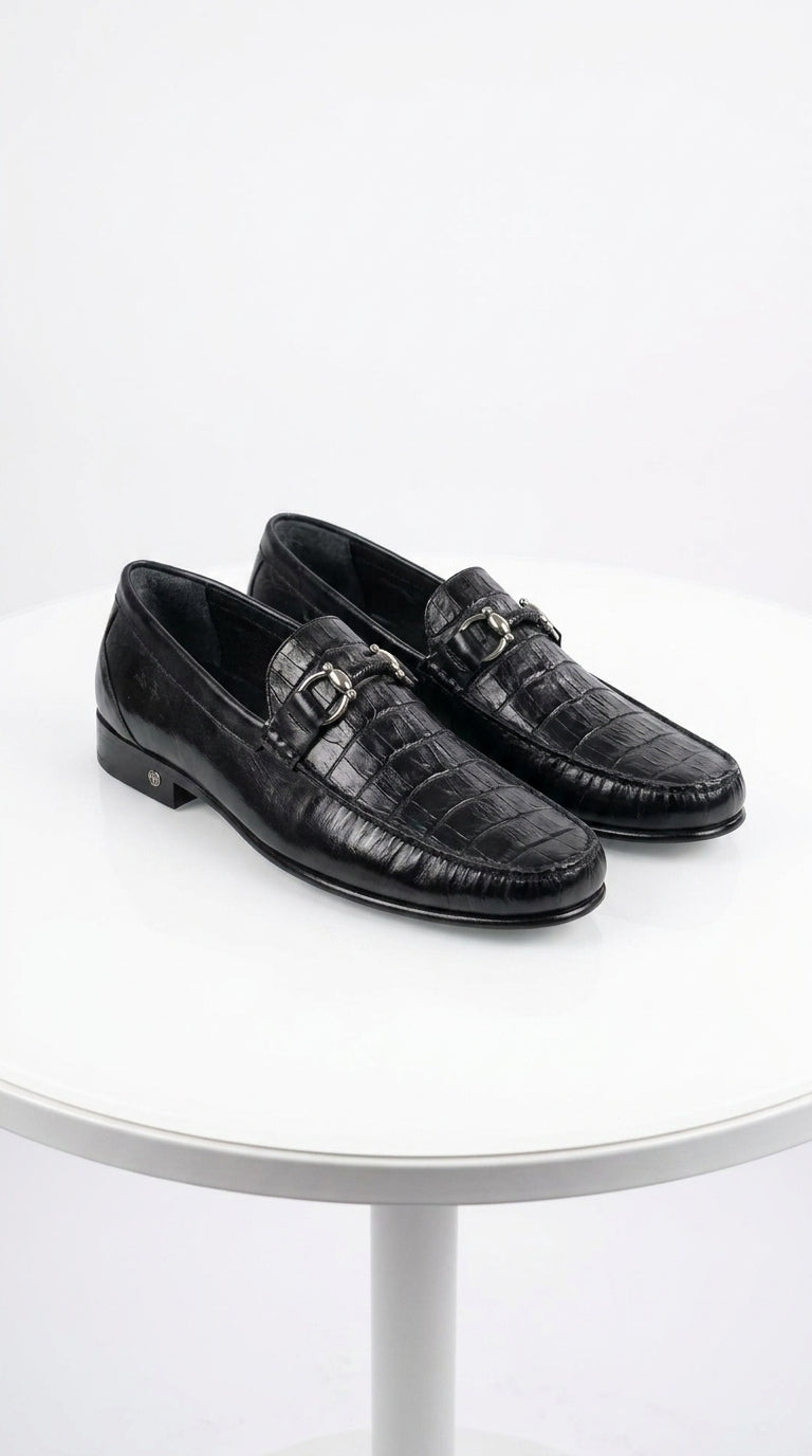 Lombardy Men’s Crocodile Calfskin Bit Loafers, Exotic Dress Casual Slip-On Shoes