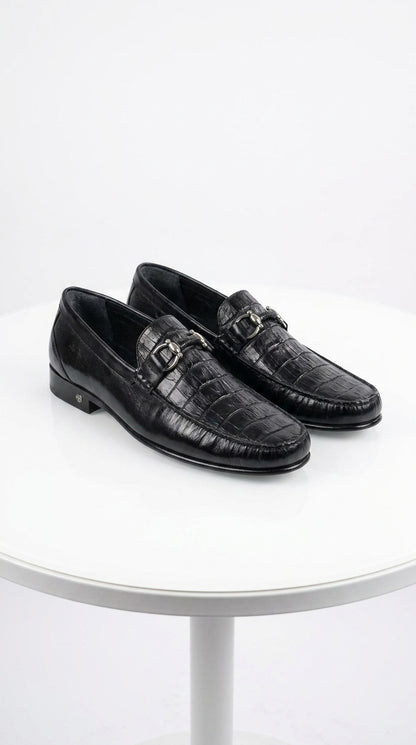 Lombardy Men’s Crocodile Calfskin Bit Loafers, Exotic Dress Casual Slip-On Shoes