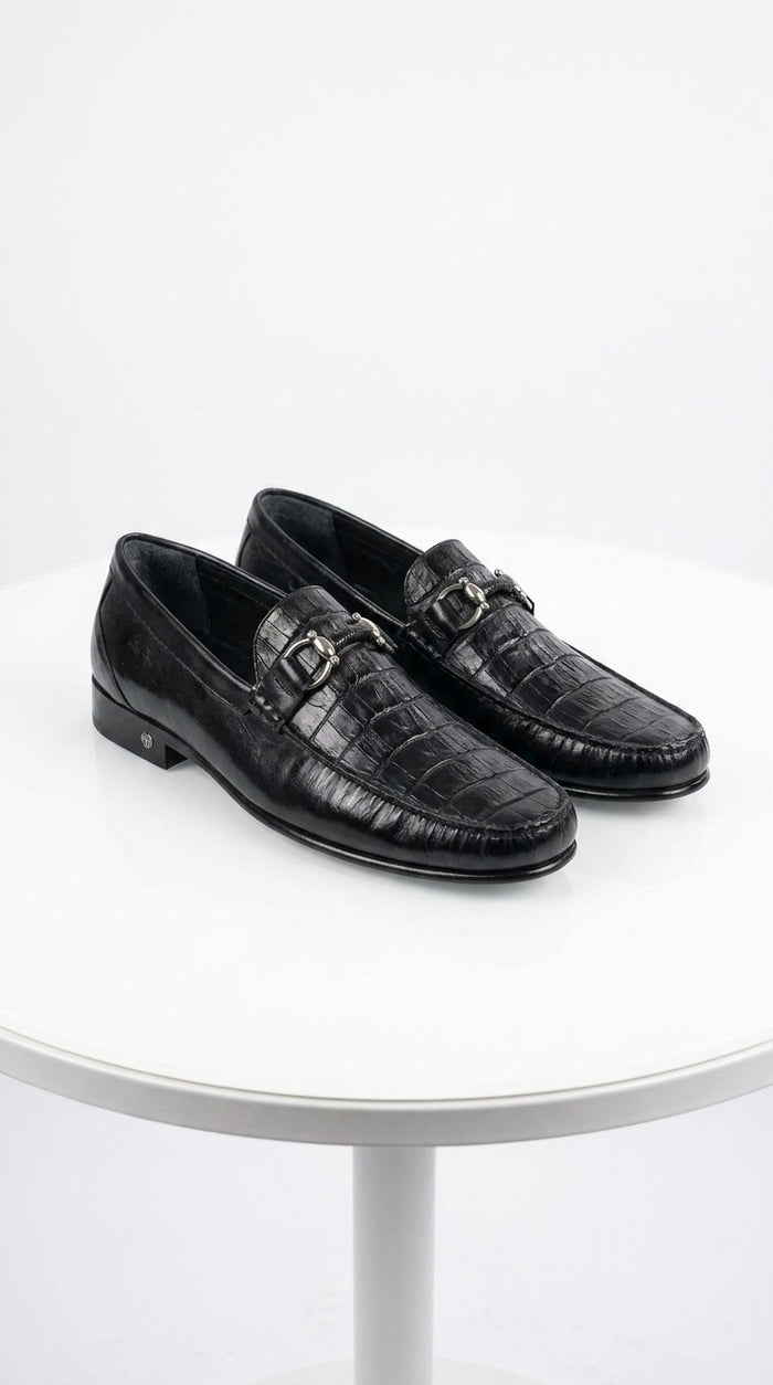 Lombardy Men’s Crocodile Calfskin Bit Loafers, Exotic Dress Casual Slip-On Shoes