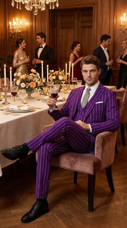 Men’s Purple Pinstripe 1920s Gangster Suit with Jacket, Vest and Pants, Vintage Formal Dress Suit