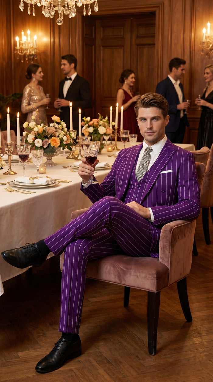 Men’s Purple Pinstripe 1920s Gangster Suit with Jacket, Vest and Pants, Vintage Formal Dress Suit
