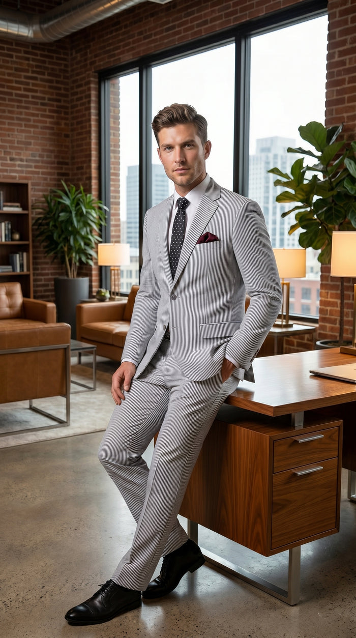 Men’s Black Pinstripe Summer Seersucker 2 Piece Suit with Jacket and Pants