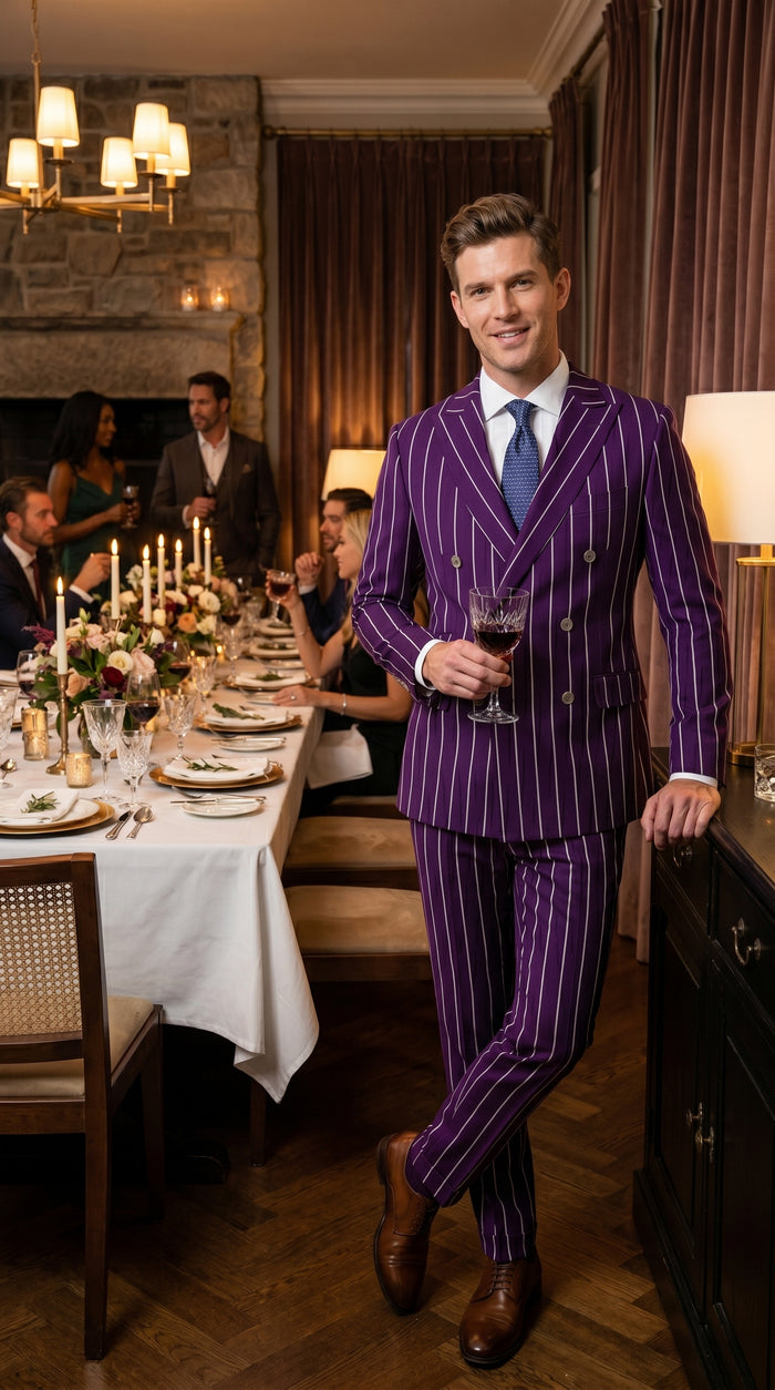 Men’s Dark Purple Pinstripe Double Breasted 1920s Gangster Suit, Vintage Formal Dress Suit
