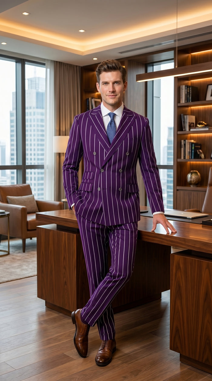 Men’s Dark Purple Pinstripe Double Breasted 1920s Gangster Suit, Vintage Formal Dress Suit