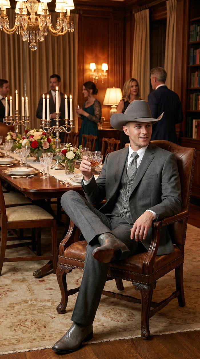 Men’s Grey 2 Button Trim Cowboy Tuxedo with Vest, Western Wedding Formal Suit