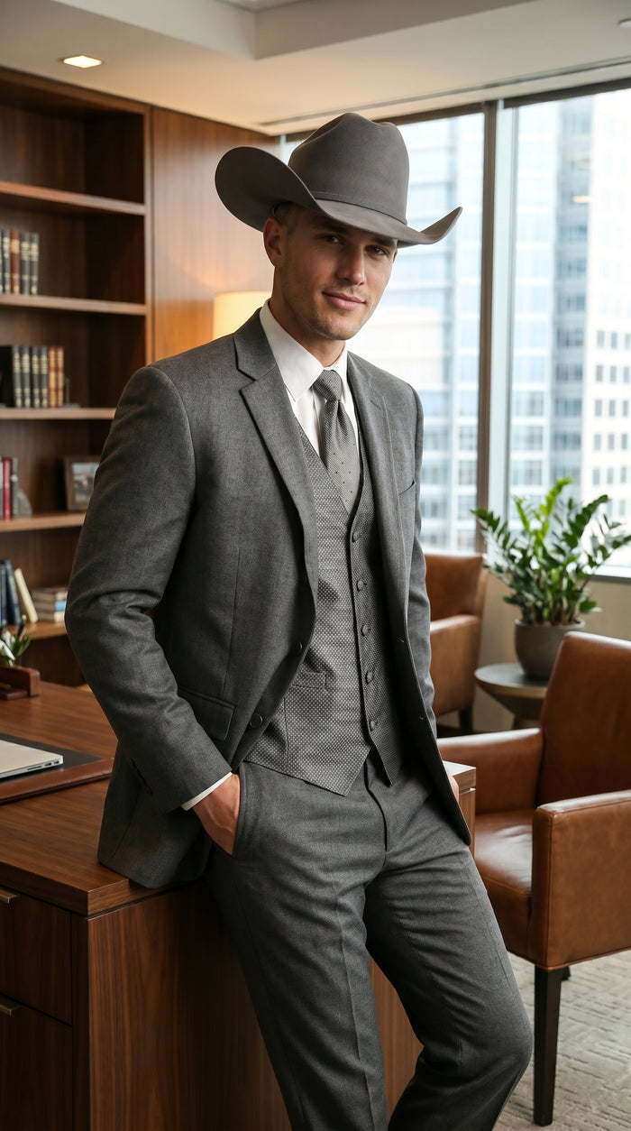 Men’s Grey 2 Button Trim Cowboy Tuxedo with Vest, Western Wedding Formal Suit
