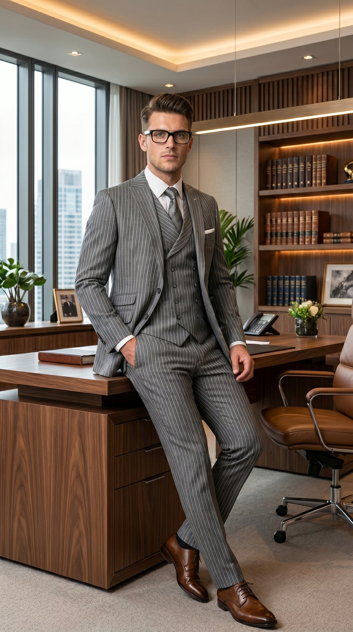 Men’s Grey Pinstripe Double Breasted Vest Suit 2 Button Gangster Style Formal Suit