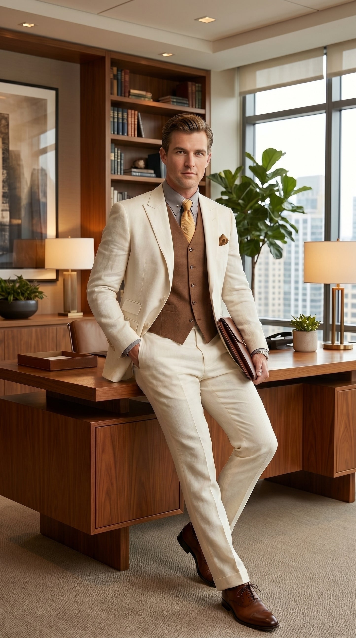 Men’s Ivory Great Gatsby Inspired Suit with Jacket, Vest and Pants, Vintage Formal Wedding Suit