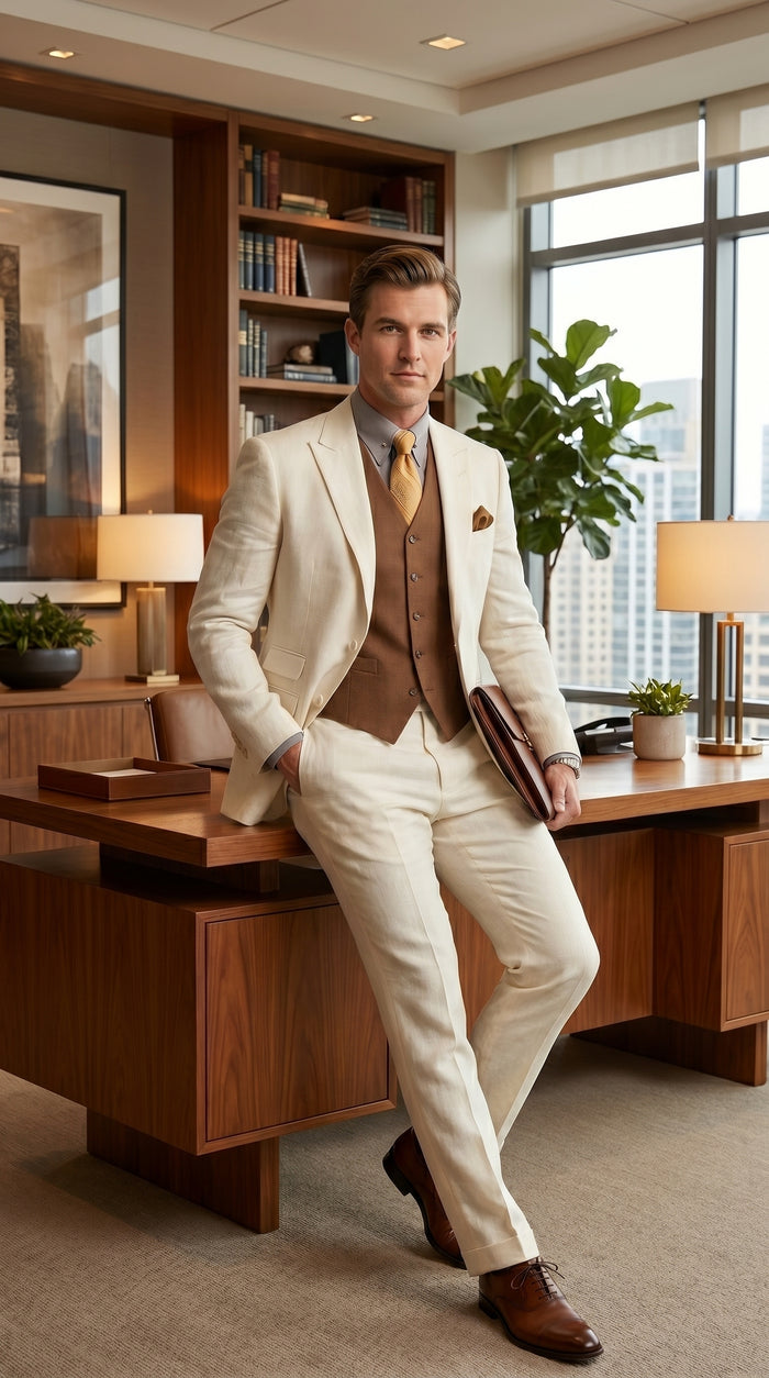 Men’s Ivory Great Gatsby Inspired Suit with Jacket, Vest and Pants, Vintage Formal Wedding Suit