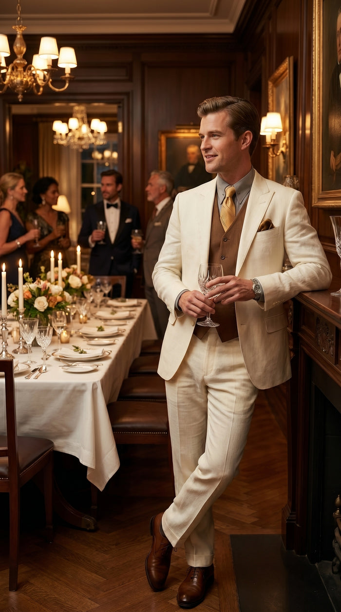 Men’s Ivory Great Gatsby Inspired Suit with Jacket, Vest and Pants, Vintage Formal Wedding Suit
