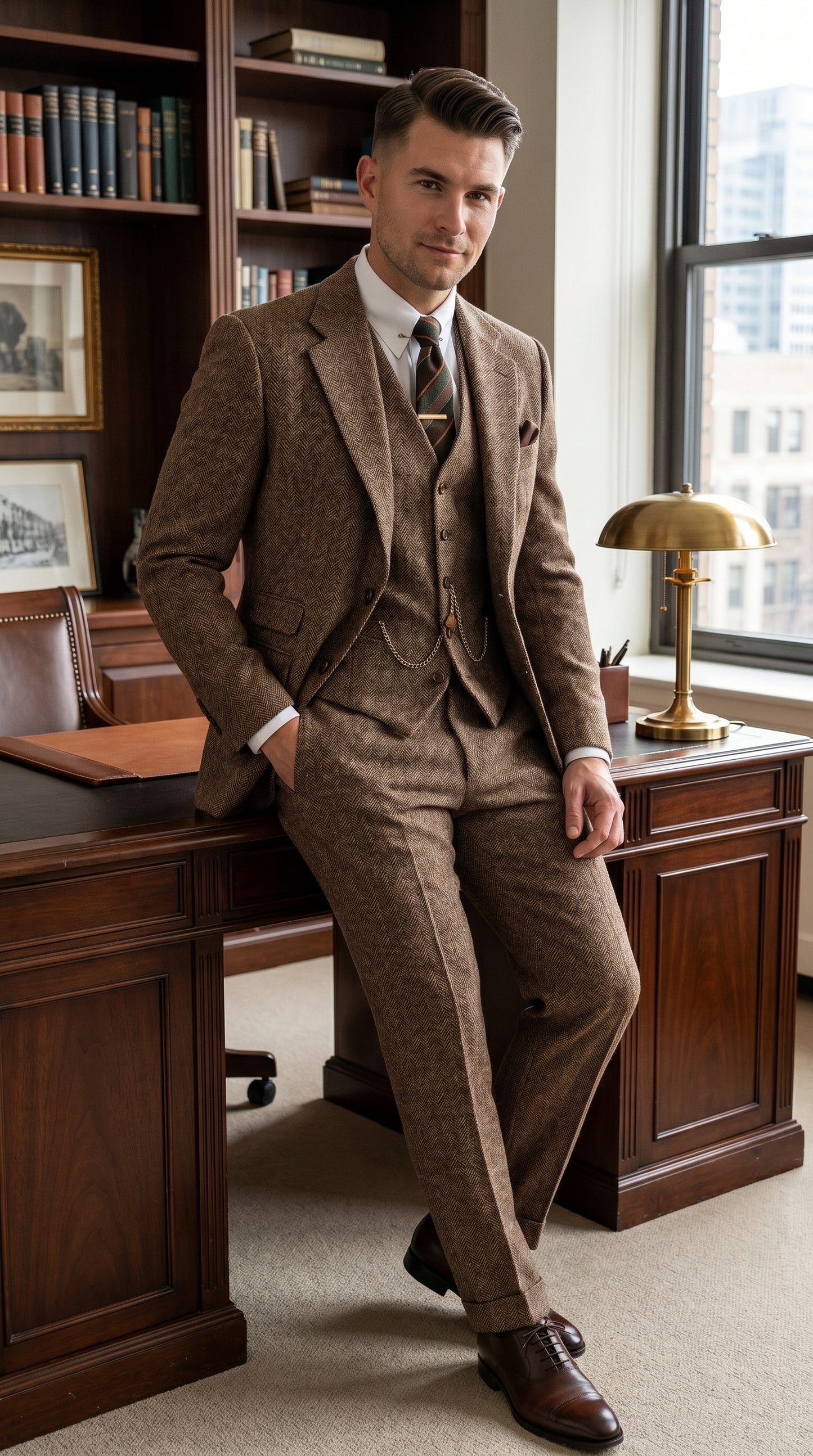 Men’s Light Brown Great Gatsby Inspired Tweed Herringbone Vested Suit, Vintage Formal Wedding Suit