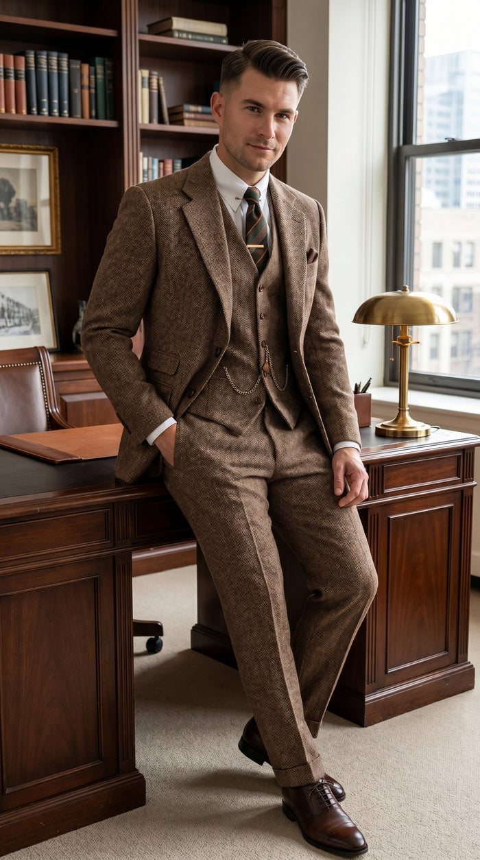 Men’s Light Brown Great Gatsby Inspired Tweed Herringbone Vested Suit, Vintage Formal Wedding Suit
