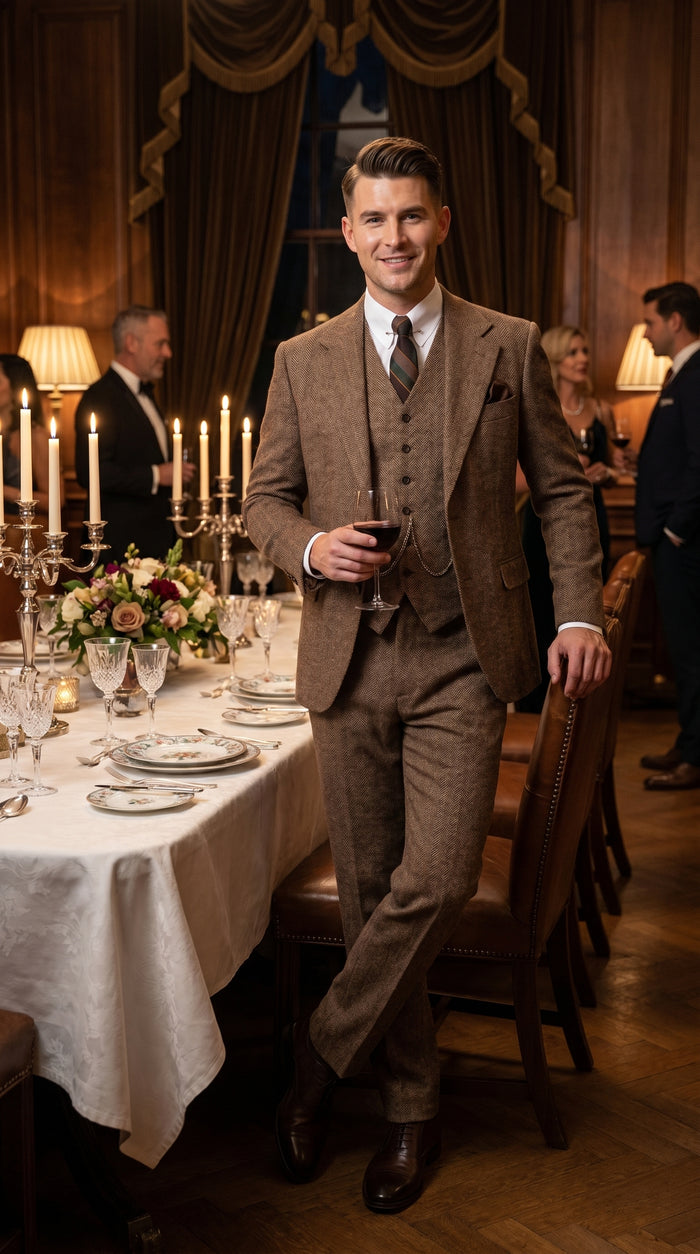 Men’s Light Brown Great Gatsby Inspired Tweed Herringbone Vested Suit, Vintage Formal Wedding Suit