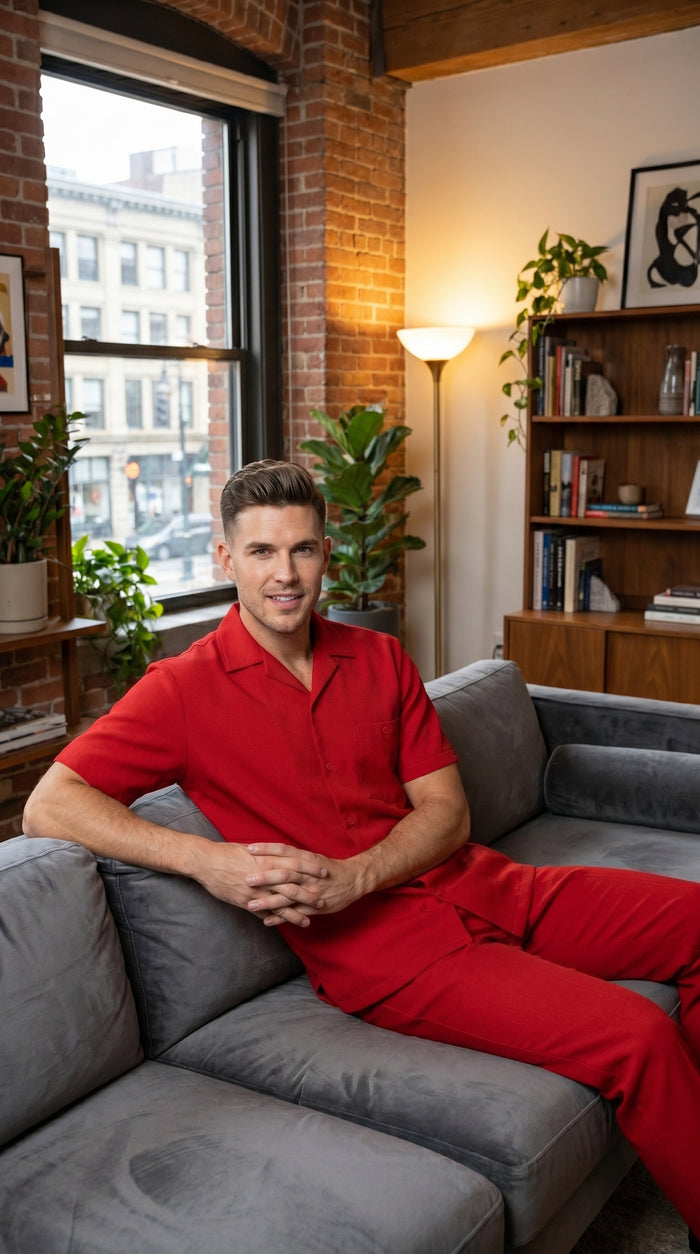 Men’s Red Short Sleeve Walking Suit with Matching Pants, Casual Summer Dress Outfit