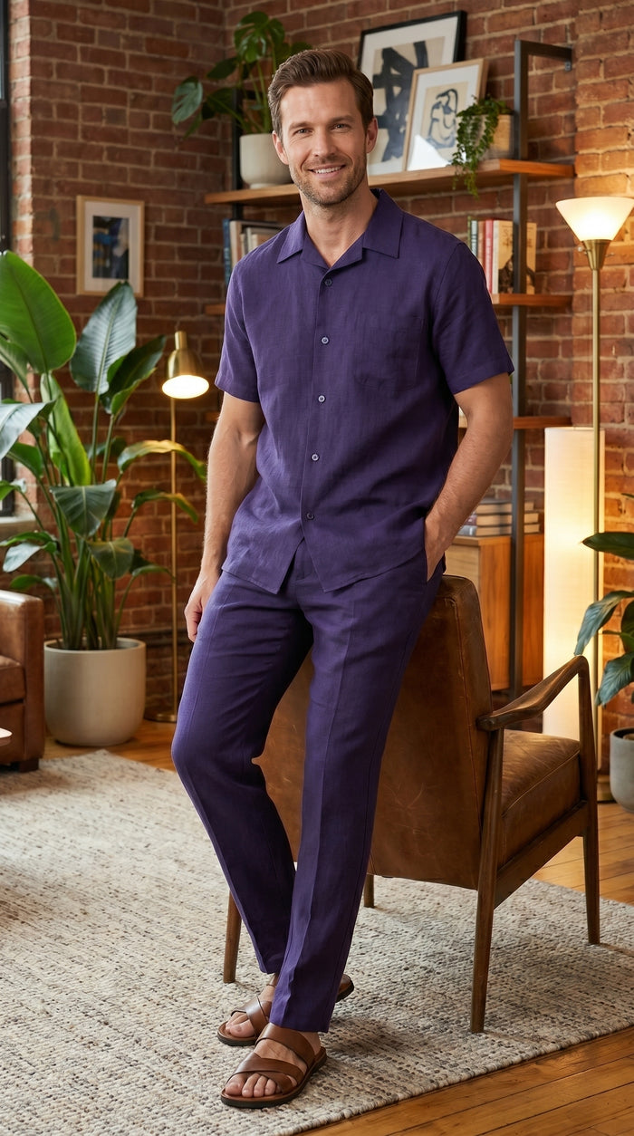 Men’s Navy 100% Linen Short Sleeve Walking Suit, Casual Leisure Shirt and Pants Set