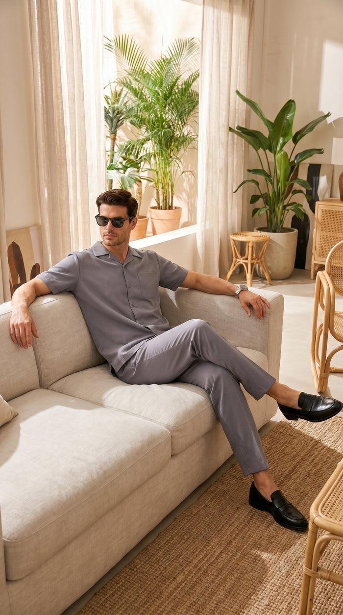 Men’s Solid Grey Short Sleeve Walking Suit with Matching Pants, Casual Summer Dress Outfit