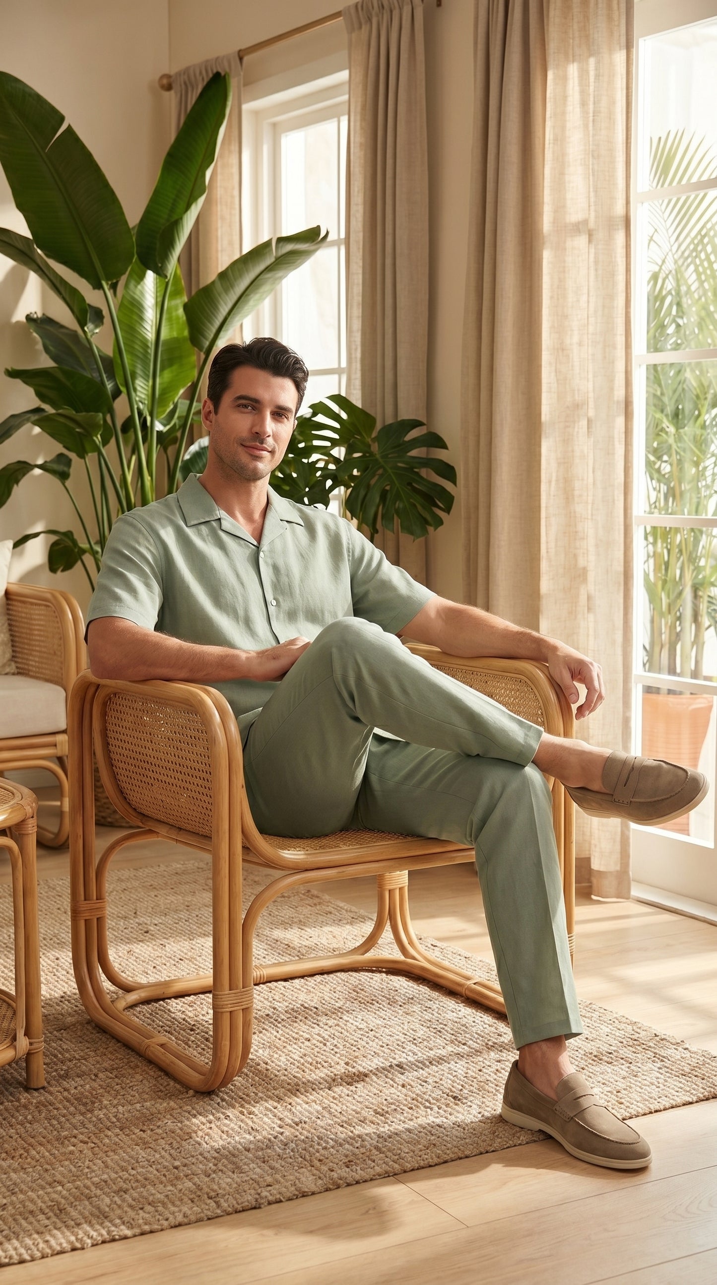 Men’s Solid Light Olive Short Sleeve Walking Suit with Matching Pants, Casual Summer Dress Outfit