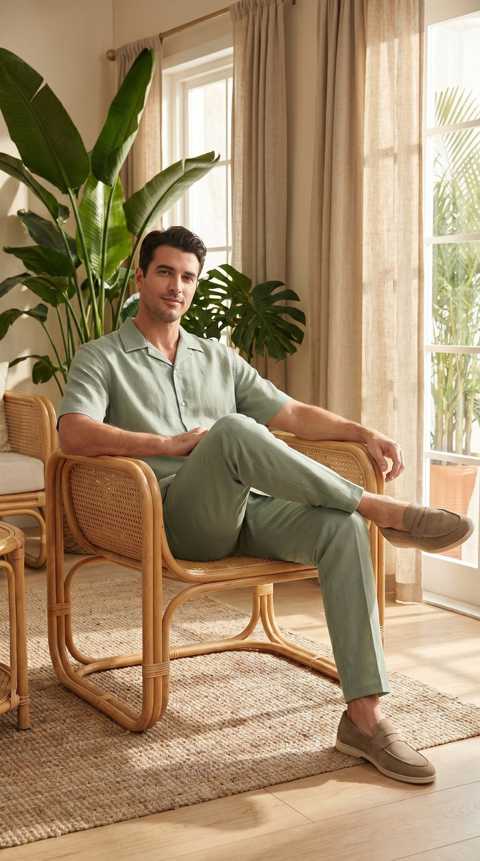 Men’s Solid Light Olive Short Sleeve Walking Suit with Matching Pants, Casual Summer Dress Outfit