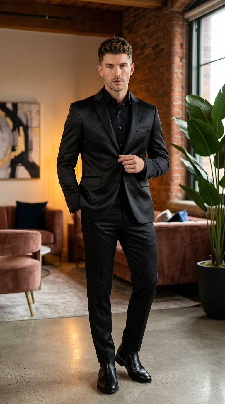 Men’s Black Satin Flex 2 Piece Suit, Slim Fit Sport Coat and Matching Pants Formal Dress Suit