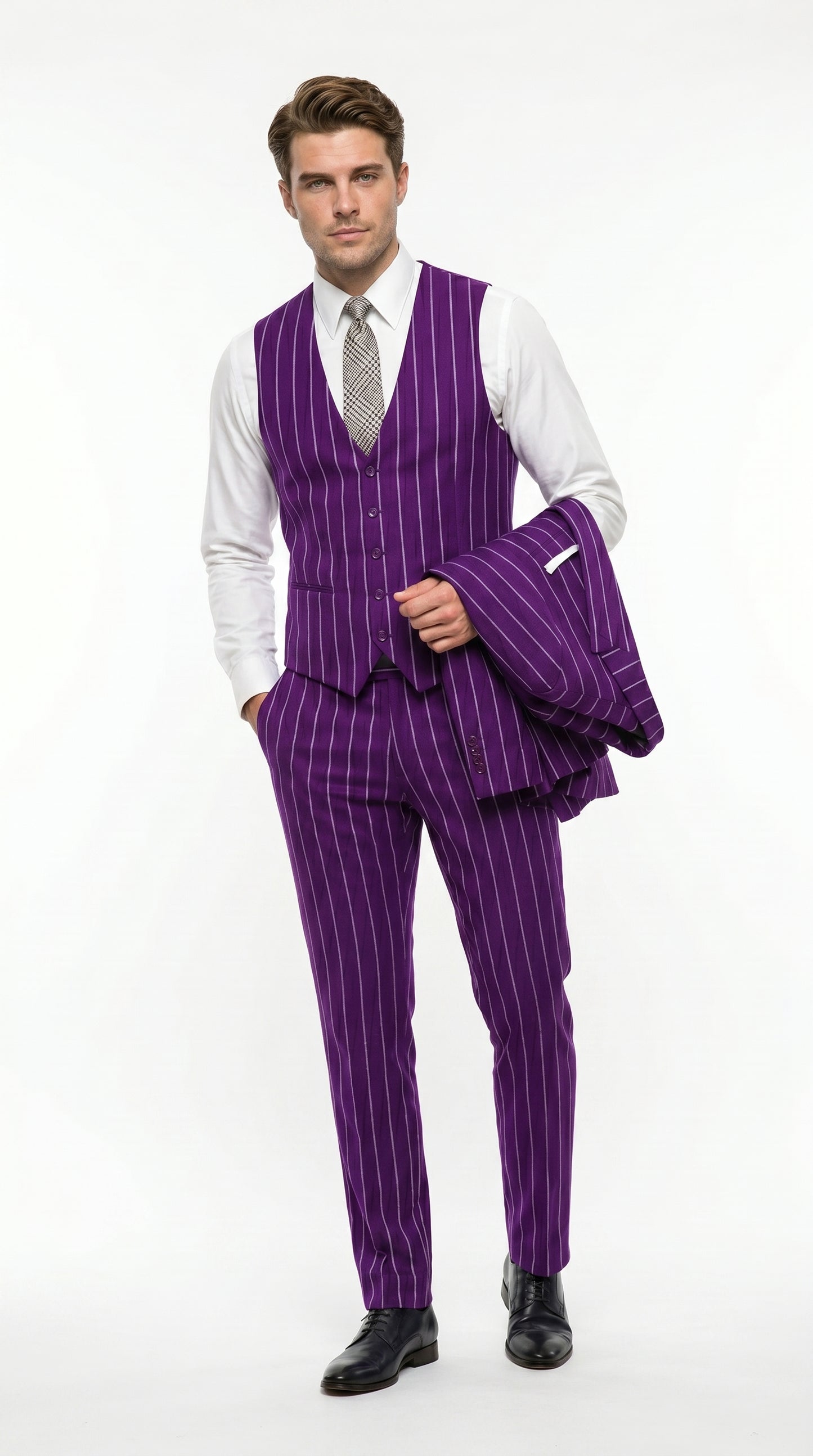 Men’s Purple Pinstripe 1920s Gangster Suit with Jacket, Vest and Pants, Vintage Formal Dress Suit