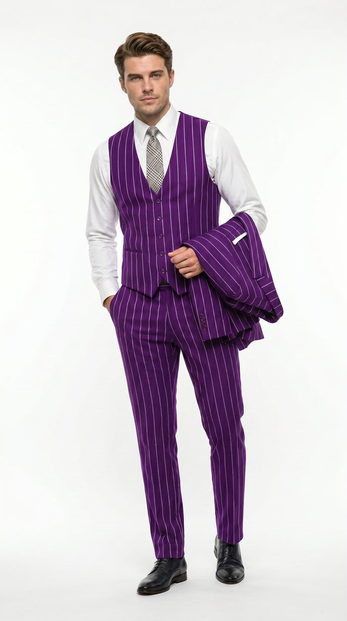 Men’s Purple Pinstripe 1920s Gangster Suit with Jacket, Vest and Pants, Vintage Formal Dress Suit