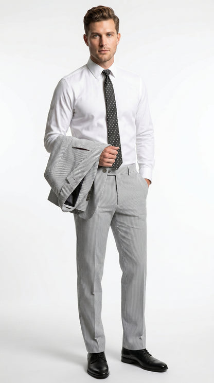 Men’s Black Pinstripe Summer Seersucker 2 Piece Suit with Jacket and Pants