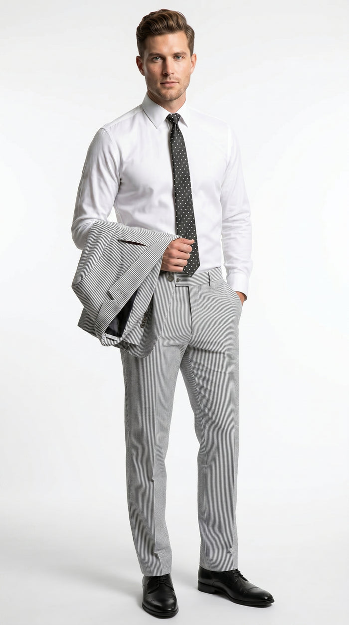 Men’s Black Pinstripe Summer Seersucker 2 Piece Suit with Jacket and Pants