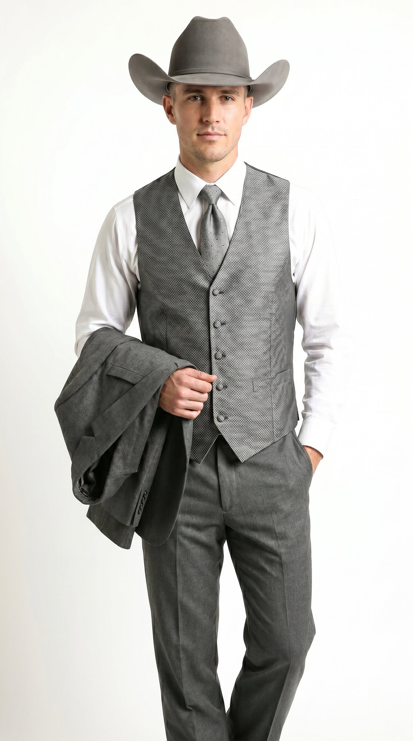 Men’s Grey 2 Button Trim Cowboy Tuxedo with Vest, Western Wedding Formal Suit