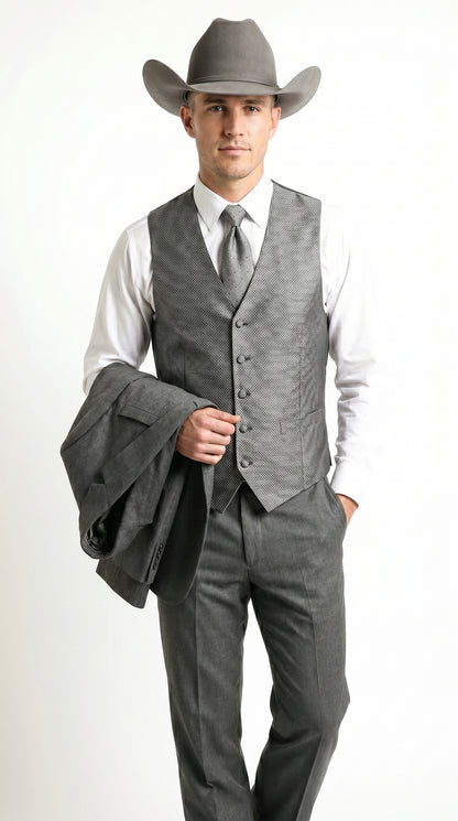 Men’s Grey 2 Button Trim Cowboy Tuxedo with Vest, Western Wedding Formal Suit