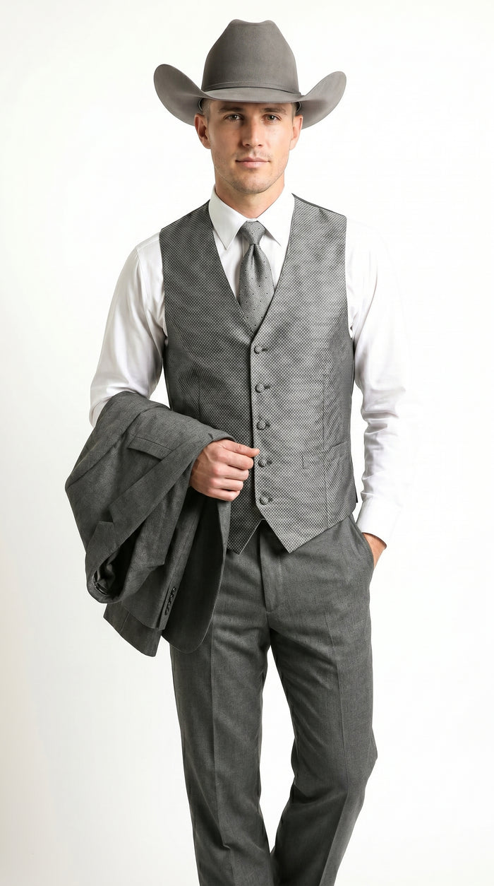 Men’s Grey 2 Button Trim Cowboy Tuxedo with Vest, Western Wedding Formal Suit