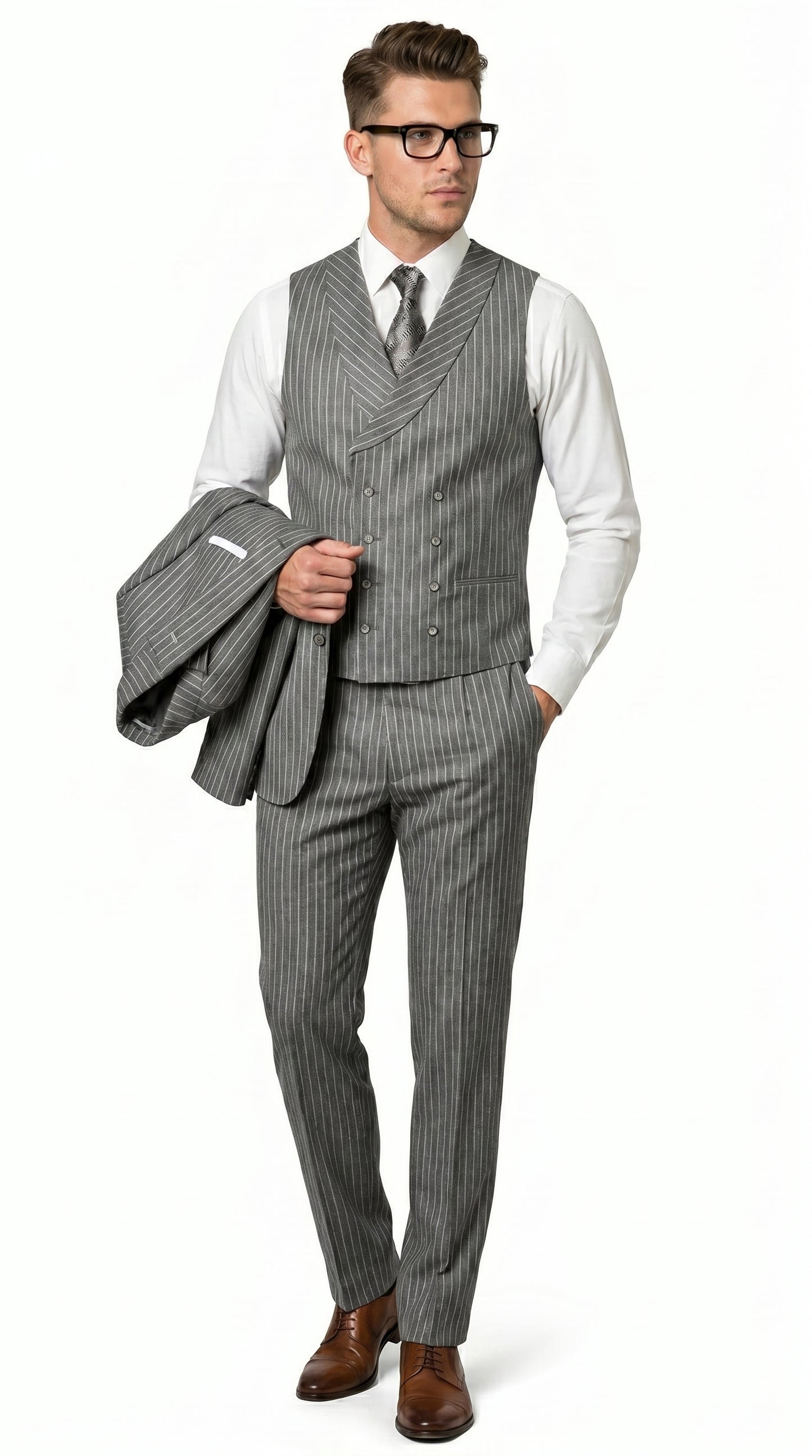 Men’s Grey Pinstripe Double Breasted Vest Suit 2 Button Gangster Style Formal Suit