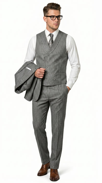 Men’s Grey Pinstripe Double Breasted Vest Suit 2 Button Gangster Style Formal Suit