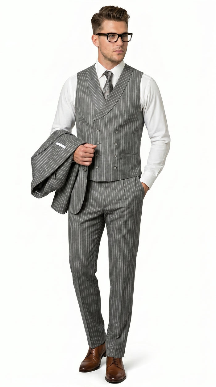 Men’s Grey Pinstripe Double Breasted Vest Suit 2 Button Gangster Style Formal Suit