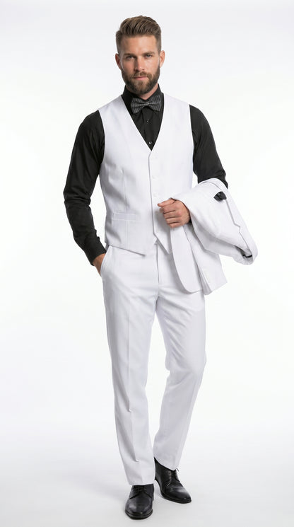Men’s White Disco Suit with Jacket, Vest and Pants, Saturday Night Style Formal Party Suit