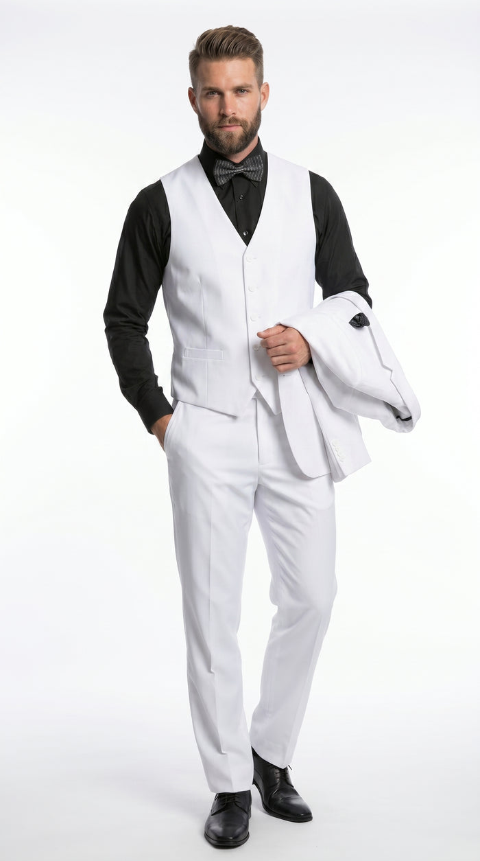 Men’s White Disco Suit with Jacket, Vest and Pants, Saturday Night Style Formal Party Suit
