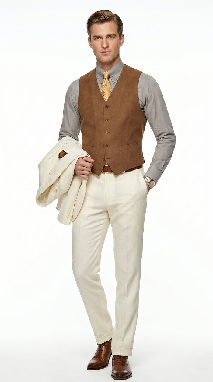 Men’s Ivory Great Gatsby Inspired Suit with Jacket, Vest and Pants, Vintage Formal Wedding Suit