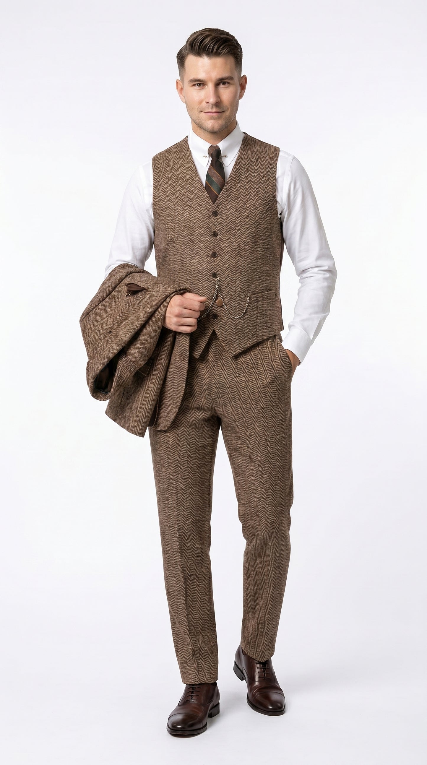 Men’s Light Brown Great Gatsby Inspired Tweed Herringbone Vested Suit, Vintage Formal Wedding Suit