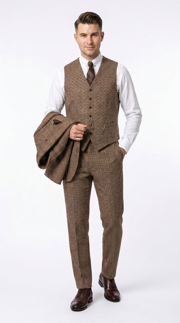 Men’s Light Brown Great Gatsby Inspired Tweed Herringbone Vested Suit, Vintage Formal Wedding Suit